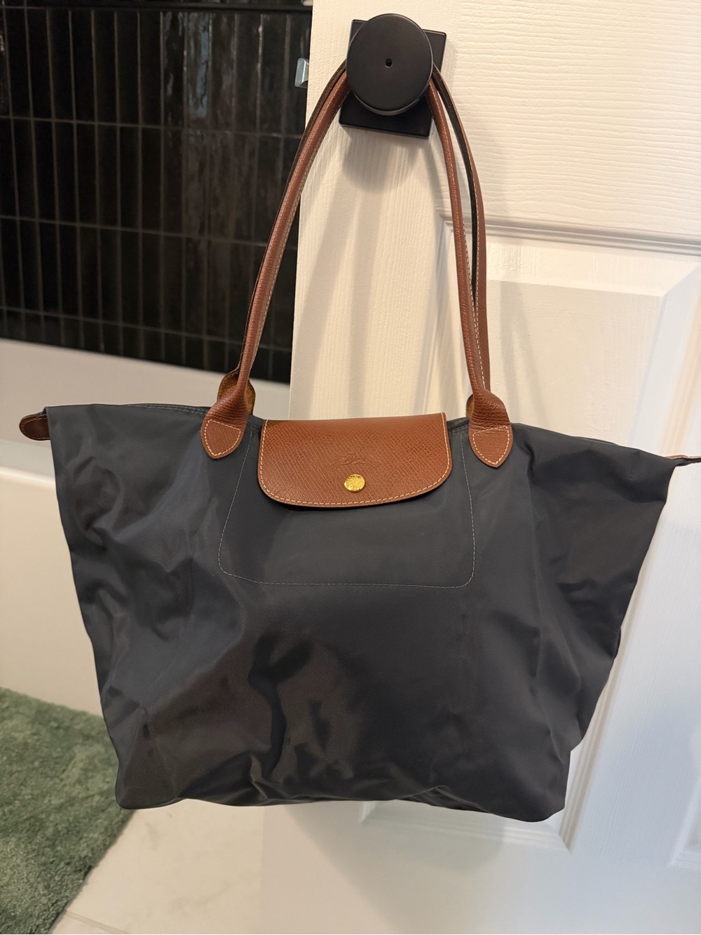 Longchamp Nylon Tote in Black with Brown Leather Trim and Handles